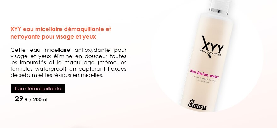 XYY eau micellaire démaquillante et nettoyante pour visage et yeux
Cette eau micellaire antioxydante pour visage et yeux élimine en douceur toutes les impuretés et le maquillage (même les formules waterproof) en capturant l’excès de sébum et les résidus en micelles.
Eau démaquillante
29 € / 200ml