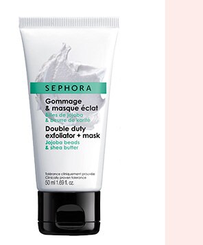 Dégommez-moi ça  Bille de jojoba et beurre de karité : un duo impec’ pour la peau qui déloge les impuretés et apporte un max d’éclat.   Gommage & Masque Eclat 8,50 € / 50 ml 