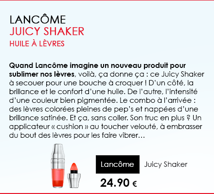Quand Lancôme imagine un nouveau produit pour sublimer nos lèvres, voilà, ça donne ça : ce Juicy Shaker à secouer pour une bouche à croquer ! D’un côté, la brillance et le confort d’une huile. De l’autre, l’intensité d’une couleur bien pigmentée. Le combo à l’arrivée : des lèvres colorées pleines de pep’s et nappées d’une brillance satinée. Et ça, sans coller. Son truc en plus ? Un applicateur « cushion » au toucher velouté, à embrasser du bout des lèvres pour les faire vibrer…