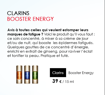 Avis à toutes celles qui veulent estomper leurs marques de fatigue ? Voici le produit qu’il vous faut : ce soin concentré, à mixer à sa crème de jour et/ou de nuit, qui booste  les épidermes fatigués. Quelques gouttes de ce concentré d’énergie, enrichi en extrait de ginseng, pour raviver l’éclat et tonifier la peau. Pratique et futé.